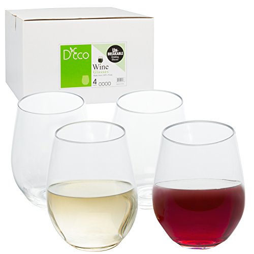 Unbreakable Stemless Wine Glasses 18oz - 100% Tritan - Shatterproof, Reusable, Dishwasher Safe (Set of 4 Stemless)