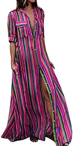 AANB Women Half Sleeve Striped Multicolor Loose Button Beach Long Robe Dress