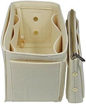 [Fits Neverfull MM/Speedy 30, Beige] Purse Insert (3mm Felt, Detachable Pouch w/Metal Zip) Felt Tote Bag Organize