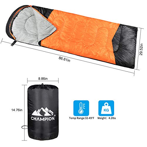 ChampionPlus Sleeping Bag for Adults & Kids, Boys and Girls - 3 Season Warm & Cool Weather - Summer, Spring, Fall, Compact Sleeping Bags Lightweight，Camping/Hiking/Backpacking, Orange