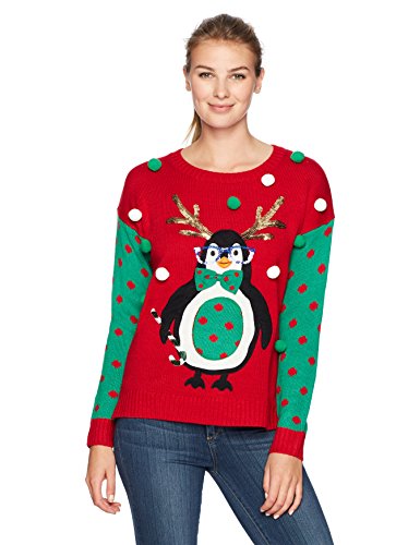 Blizzard Bay Women's L/s Crew Neck Hi-Low Pullover W.Antler Penguin, Christmas Red, S