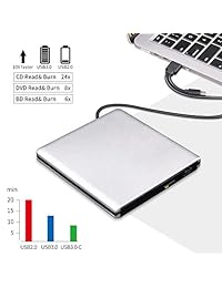 Lector externo Blu Ray DVD Drive 3D Player, USB 3.0 y tipo C Bluray CD DVD grabador reproductor de grabador compatible para MacBook OS Windows xp 7 8 10, Linxus, ordenador portátil PC (plateado-gris)