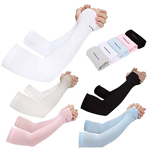 Achiou 5 Pair Cooling Arm Sleeves UV Sun Protection for Men Women Sunblock Cooler Protective Outdoor Sports Gloves Long Arm Cover (5 Color Mix) (Best Color Clothing For Sun Protection)