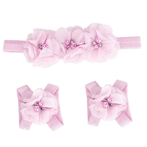 Fullkang Cute Baby Foot Flower Barefoot Sandals + Headband Set (Pink)