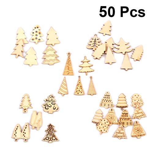 MILISTEN 50 Stks Kerst Opknoping Houten Ornament Diverse Kerstboom Vorm Uitsparingen Versieringen Leuke Houten Boom Stukken Voor Kerstversiering (Gemengd) - Afbeelding 4