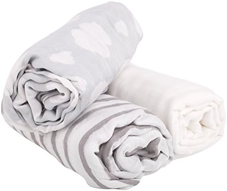 Premium Muslin Swaddle Blankets, 100% Organic Bamboo Muslin, Baby Sleep Essential, Gender Neutral Baby Shower Gift, 3 Pack 47” x 47” (Stripes &amp; Clouds)