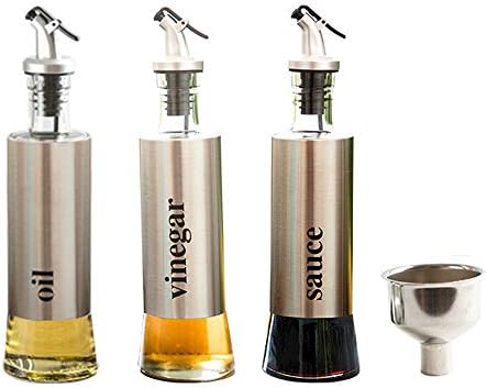 JY Collection Set of 3 Glass Oil and Vinegar Dispenser, 10 oz, BPA Free, Salad Dressing Cruet Glass Bottle Olive Oil Bottles Dispenser Glass Oil Bottle Coconut Oil bottle with Stainless Steel Funnel