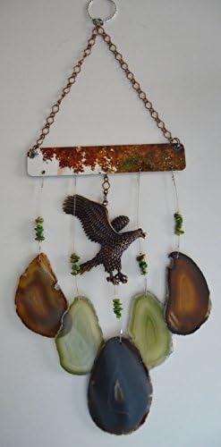 Agate geode wind chime windchime amber and green colors with large copper Eagle sun catcher wind chime mobile