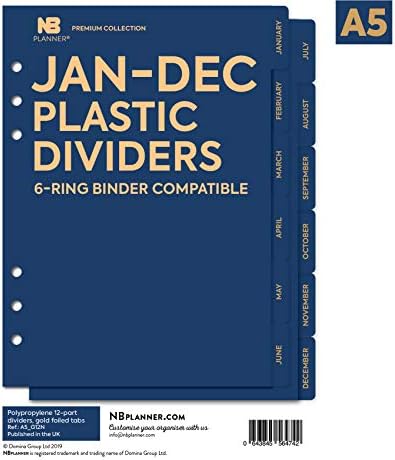 NBplanner® 12-Month Jan-Dec Plastic dividers Gold Foiled tabs Filofax Compatible English (A5 12-Month Set)