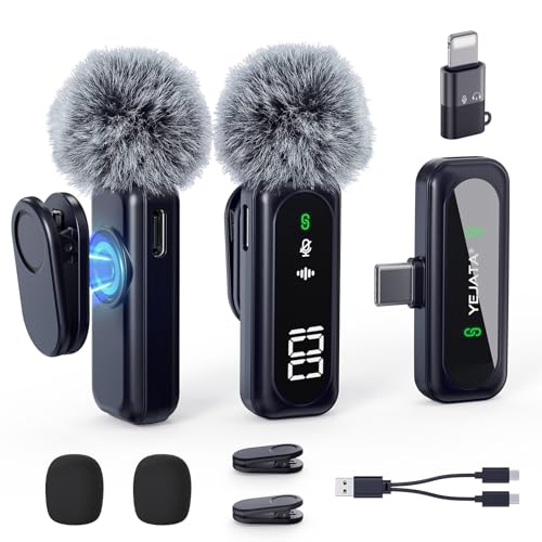 - Micrófono inalámbrico con pantalla digital de batería, cancelación de ruido omnidireccional de 360°, alcance de 30 m, pinza giratoria, para iPhone 15/16, Android, PC, iPad y tableta