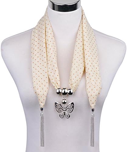 LERDU Gift Idea Navy Blue Polka Dot Skinny Scarf Necklace for Women Indian Long Butterfly Pendant Statement jewelry Accessories Ladies,Beige / Yellow Polka Dot,65" x 4"
