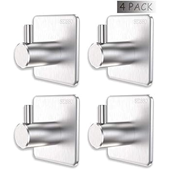 Adhesive Hooks 4 Pack Metal Large for Hanging Coats Storage Wall Mount Hooks Heavy Duty Wall Hangers Without Nails Durable Organizer Closet Brushed Stainless Steel