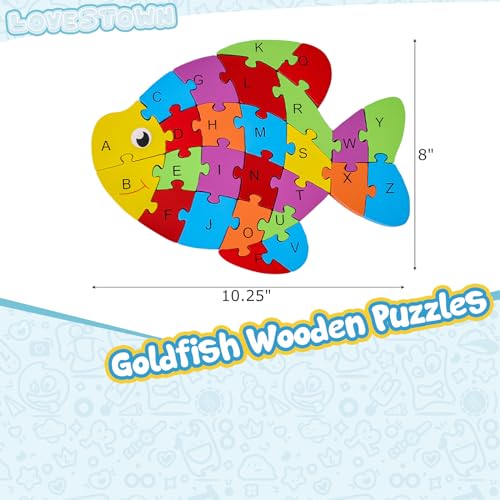 LovesTown Goldfish Wooden Puzzle, 26PCS Jigsaw Puzzle Alphabet and Number Building Blocks for Kids Toddler Preschool