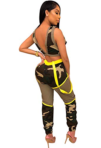 Deloreva Women Two Piece Outfits - Sexy Camouflage Zip UP Sport Bra Crop Vest Tank Long Pants Jogging Suit S