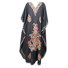 Mogul Interior Womens Caftan Maxi Dress Black Embroidered Resort Wear Kaftan One Size