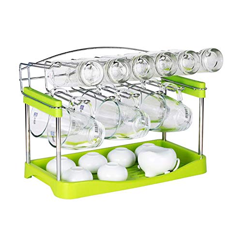 3-Tier Mug Organizer Rack with Drainer Tray & 12 Hooks for Drying Wine Glasses, Coffee Mugs, Tea Cups / Space Saving Storage Holder for Kitchen, Cabinet, Counter, Tabletop (Stainless Steel + Plastic)