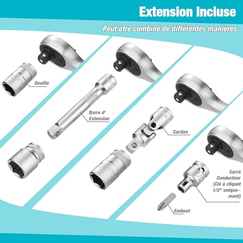 DURATECH 108 Piece Socket Set with Ratchet Wrenches and Bits 1/2 Inch and 1/4 Inch Reversible Ratchet Rattle, Extenders, Bits, Sockets, Chrome Vanadium Steel, Box Included for Car Repair