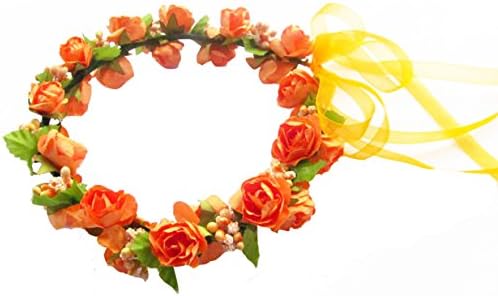 Handmade Flower Crown for Girls Artificial Paper Rose Flower Headpiece with Ribbon Adjustable (Orange)