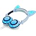 iGeeKid [Upgraded Version]Cat Ear Kids Headphones Rechargeable LED Light Up Foldable Over Ear Headphones Headsets for Girls Boys,Compatible for iPad,Kids Tablet,Kids Wearable Musical Device(New Blue)