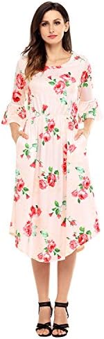 Women's Casual Loose Pocket Dress Floral Summer Dress 3/4 Bell Sleeve Midi Swing Dress