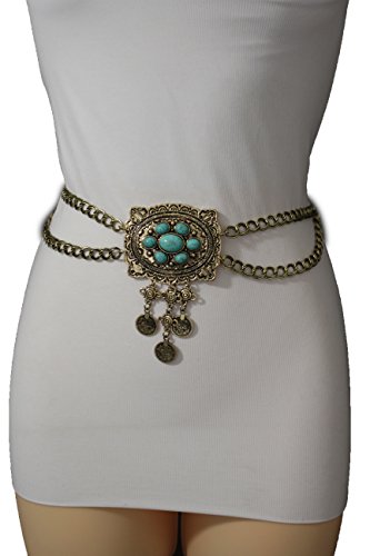 TFJ Women Fashion Metal Chain Belt Hip Waist Turquoise Blue Coins Gold Plus M L XL