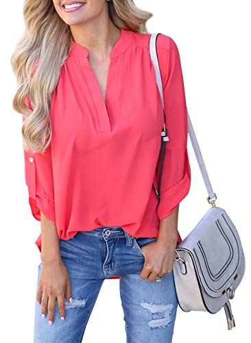 ZKESS Women V Neck Cuffed Long Sleeve Solid T Shirts Tops Casual Blouses Chiffon Girls Ladies Red XXL 18 20