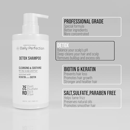 DAILY PERFECTION DETOX SHAMPOO TO REMOVE BUILD-UP, OIL, AND DIRT. SALON-GRADE FORMULA WITH BIOTIN AND KERATIN, SALT-FREE, SULFATE-FREE, AND PARABEN-FREE FOR CLEAN, REFRESHED HAIR.