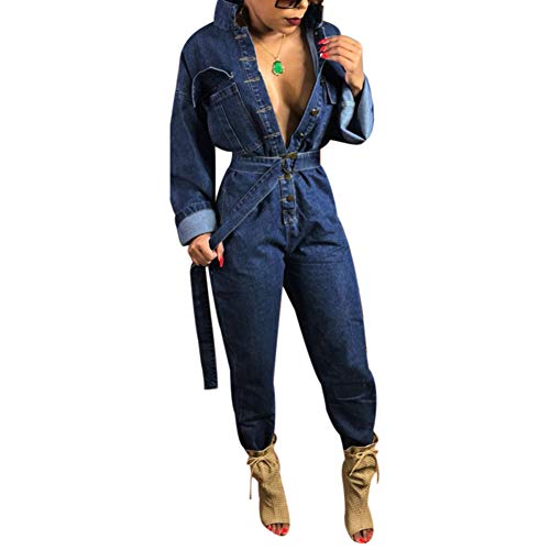 Kumono Womens Loose Long Sleeve Denim Jeans Romper High Neck Long Pants Jumpsuit Tie Waist Casual Plus Size Dark Blue M