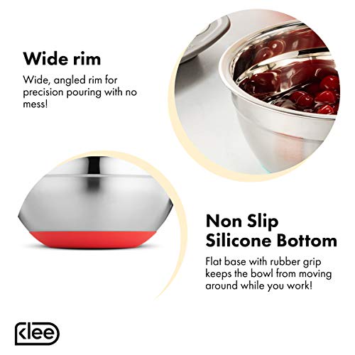 Klee Stainless Steel Mixing Bowls Set of 5 – Non Slip Mixing Bowls with Rubber Bottom – Colorful Mixing Bowls with Measurements – Nesting Mixing Bowls Set with Silicone Base – Kitchen Mixing Bowl Set