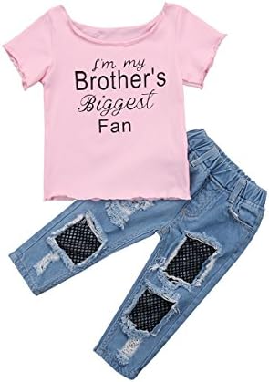 Sunisery Toddler Kids Baby Girls Letter Print T-Shirt Tops Denim Jeans Mesh Pants Outfits Set (110(3~4 Years))
