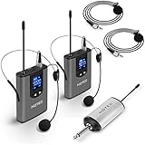 Hotec Wireless System with Dual Headset Microphones/Lavalier Lapel Mics and Bodypack Transmitters and One Mini Rechargeable Receiver 1/4