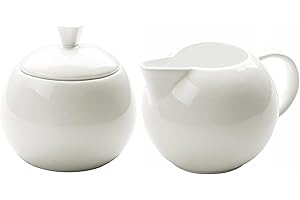 Sizikato Pure White Porcelain Sugar and Creamer Set, 14 Oz Salt Bowl with Lid and 10 Oz Creamer Pitcher