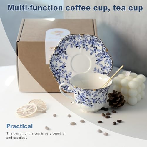 2PCS 250ml Tea Cup and Saucer Set, 8oz Floral Blue Porcelain Coffee Cups for Tea, Cappuccino, Latte, Elegant Vintage Bone China Tea Set for Home or Gift