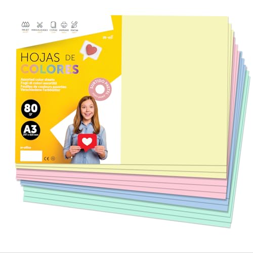 A3 80g Coloured Sheets for Printers and Crafts, Assorted Colored Paper Pad for Children, Pack of Coloured Sheets for m-Office Cards (500 Sheets, Pastel Selection)
