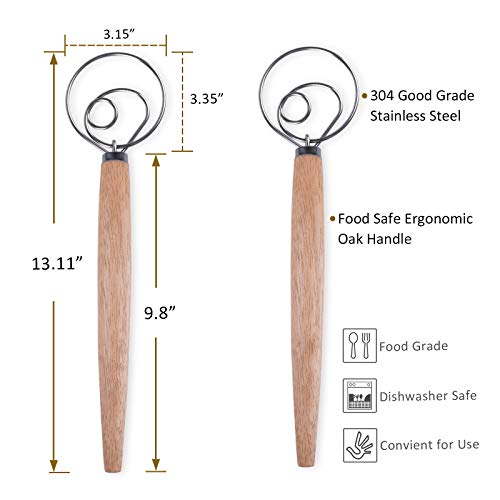 Danish Dough Whisk Original Dutch Style Bread Dough Hand Mixer Blender Admixer Professional 13" Stainless Steel Hook whisks Large Comfort Grip Wooden Handle for Pastry Cake Pizza (2 Pack)
