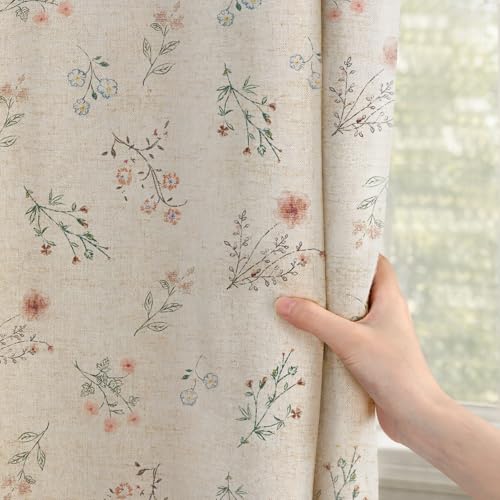 XOGUIBO Boho Floral 100% Blackout Curtains for Bedroom 84 Inch Length 2 Panels Set, Linen Texture Farmhouse Curtains Beige Tassel for Living Room Vintage Rustic Patterned Printed Western Rod Pocket