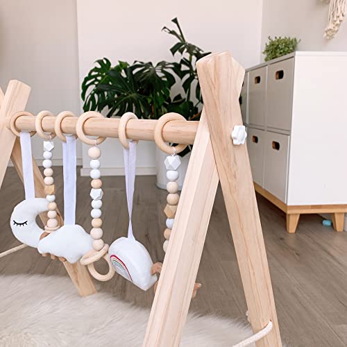 AM ANNA Wooden Baby Gym with 6 Wooden Baby Gym Hanging Toys, Foldable Wooden Activity Baby Play Gym Hanging Bar Newborn Gift Baby Girl and Boy Gym (Natural Color with 6 Hanging Toys)