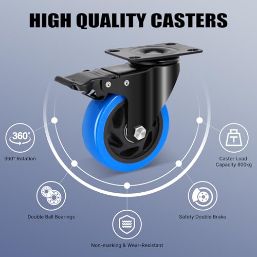 Humagineer Heavy Duty Furniture Wheels with 4 Double Brakes 100 mm, 800 kg Swivel Casters, Silent and Durable Polyurethane Casters, Moves Furniture with Wheels for Trolleys, Trolleys, Set of 4