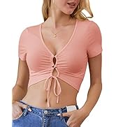 VETIOR Sexy Crop Top Lace Up Drawstring Ruched Tops Short Sleeve Deep V Neck T-Shirt