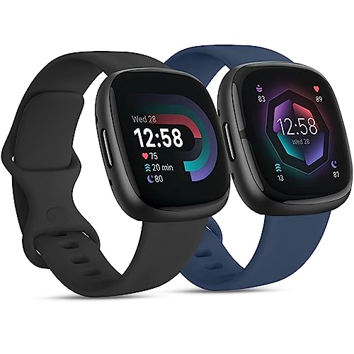 [2 Pack] Strap compatible for Fitbit Versa 3 Straps/Fitbit Sense/Sense 2 Strap for Women Men, Soft Silicone Replacement Band Wristband Watchband Small Large for Versa 4 (Black+Navy blue, Small)
