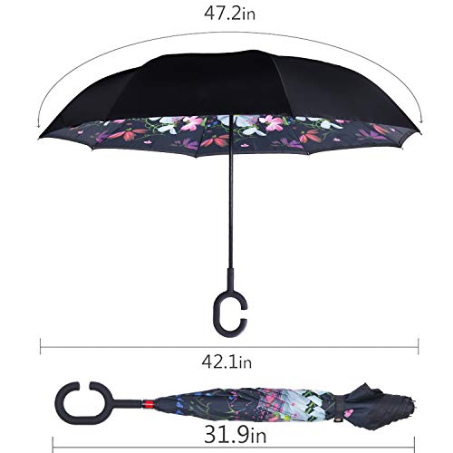 WASING Double Layer Inverted Umbrella Cars Reverse Umbrella, Windproof UV Protection Big Straight Umbrella for Car Rain Outdoor with C-Shaped Handle