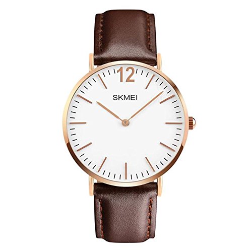 Men's Casual Classic Wrist Watch with Brown Leather Band,Stainless Steel Quartz Analog Business Watch with Gold Border - Thin