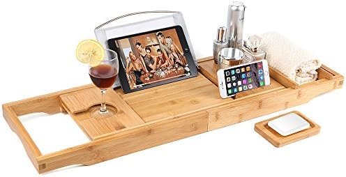 Eilcoo Bathtub Caddy Tray,Bamboo Wood Luxury Bath Rack Shower Organizer with Extending Sides,Tablet Holder,Cellphone Tray,Wine Glass Slots,Non-Slip Grip and Free Soap Holder