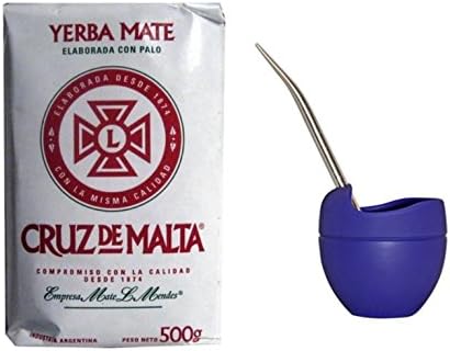Cruz de Malta Argentina Yerba Hierba Mate Drinking Kit Set with Silicone Gourd Cup, Bombilla Straw and 500 grams of Loose Leaf Yerba Mate Tea