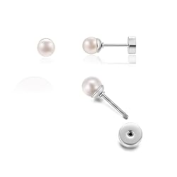 Small Pearl Stud Earrings Flat Screw Back,Silver
