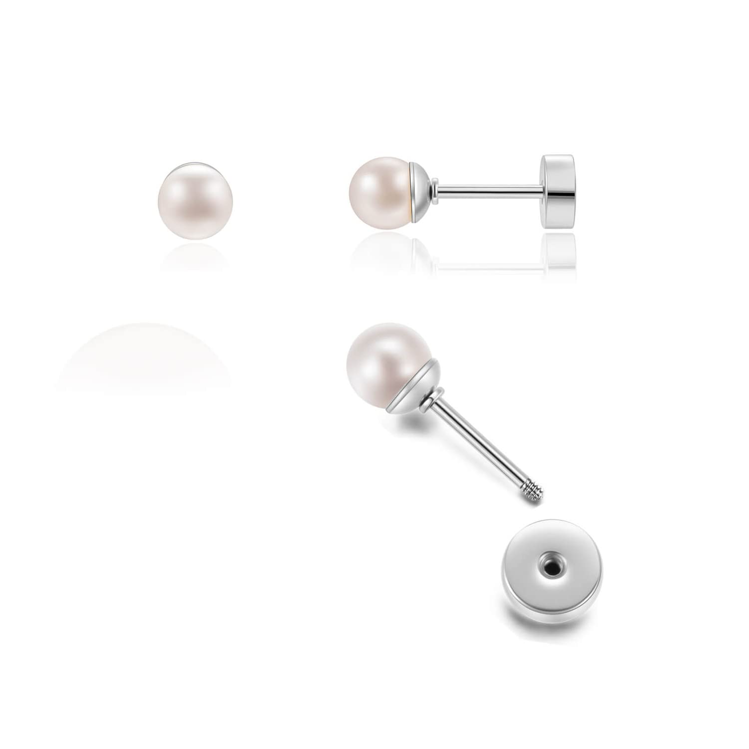 Small Pearl Stud Earrings Flat Screw Back,Silver