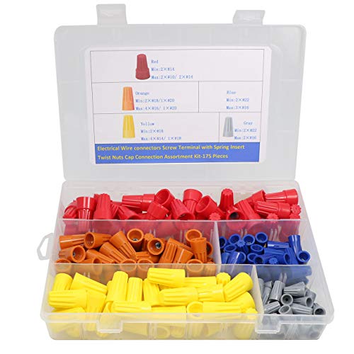 175PCS Electrical Wire Connectors Screw Terminals,with Spring Insert Twist Nuts Caps Connection Assortment Set â€“ Gray, Blue, Yellow, and Red Connectors with Storage Case