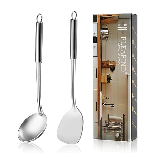 Pleafind 2-Pcs Ladle and Spatula, Soup Ladle and Spatulas, Stainless Steel Spatula and Spoon Sets, Cooking Utensils Set, Wok Spatula and Wok Ladle for Home and Restaurant, Dishwasher Safe