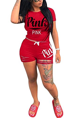 VLUNT Womens Letter Print Outfits Short Sleeves T Shirt and Short Pants 2 Piece Set Tracksuits,Red-M