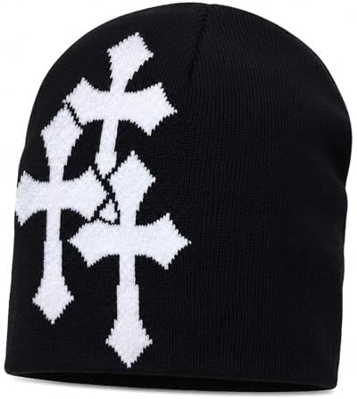 帽子 Southside Cross Ear Flap Beanie Fashion Knit Beanie with Cross Pattern Y2K Unisex Soft Jacquard